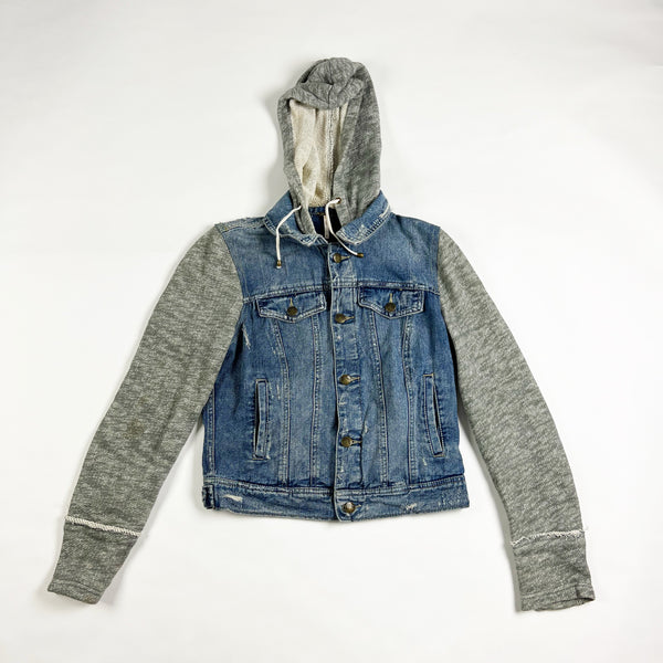 Free People Cotton Denim Jean Knit Hoodie Collared Layered Jacket Blue Gray S