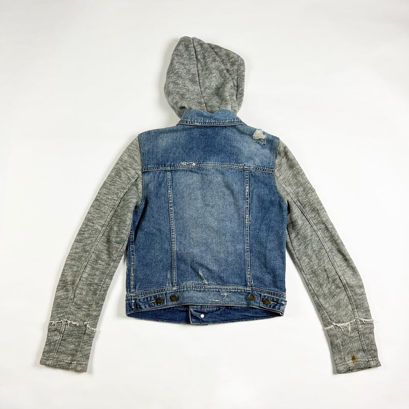 Free People Cotton Denim Jean Knit Hoodie Collared Layered Jacket Blue Gray S