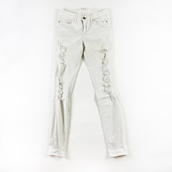 FRAME Le Skinny de Jeanne Mid Rise Cotton Stretch Ripped Jeans Blanc White 27