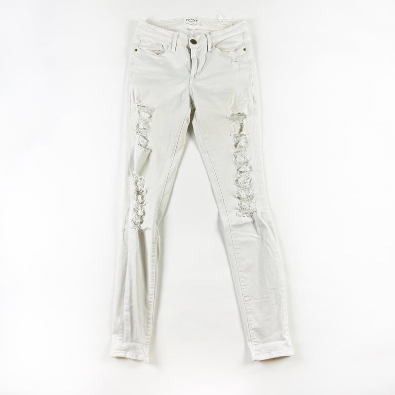 FRAME Le Skinny de Jeanne Mid Rise Cotton Stretch Ripped Jeans Blanc White 27