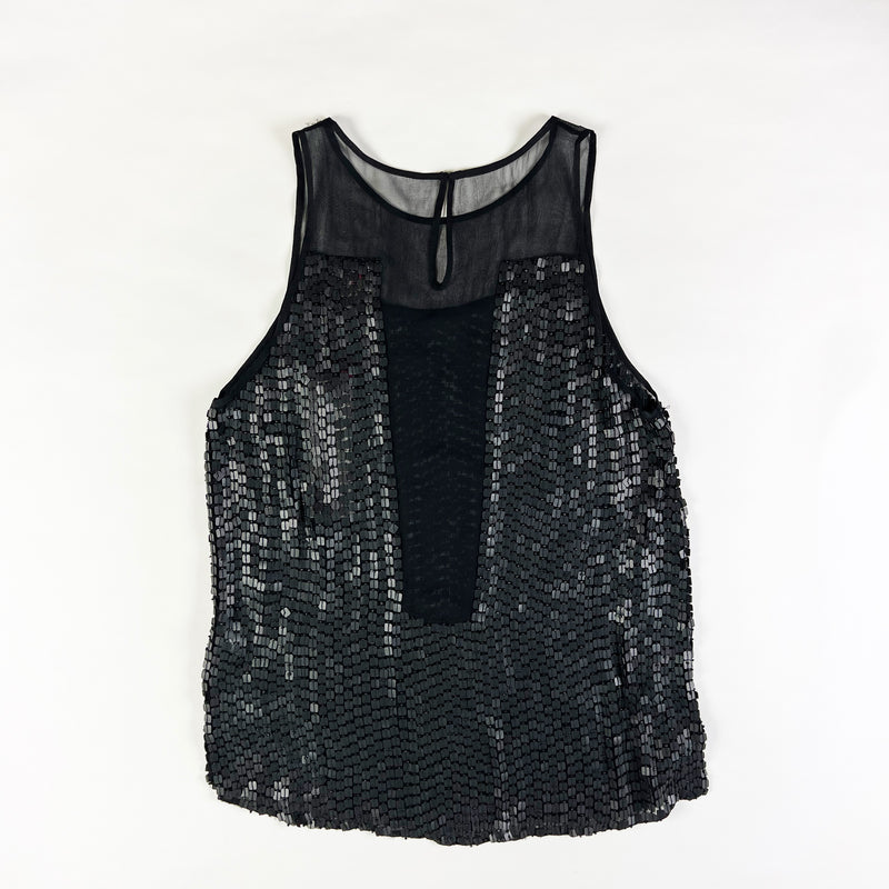 NEW Parker Carson Combo Silk Chiffon Sequin Embellished Black Tank Top Blouse M