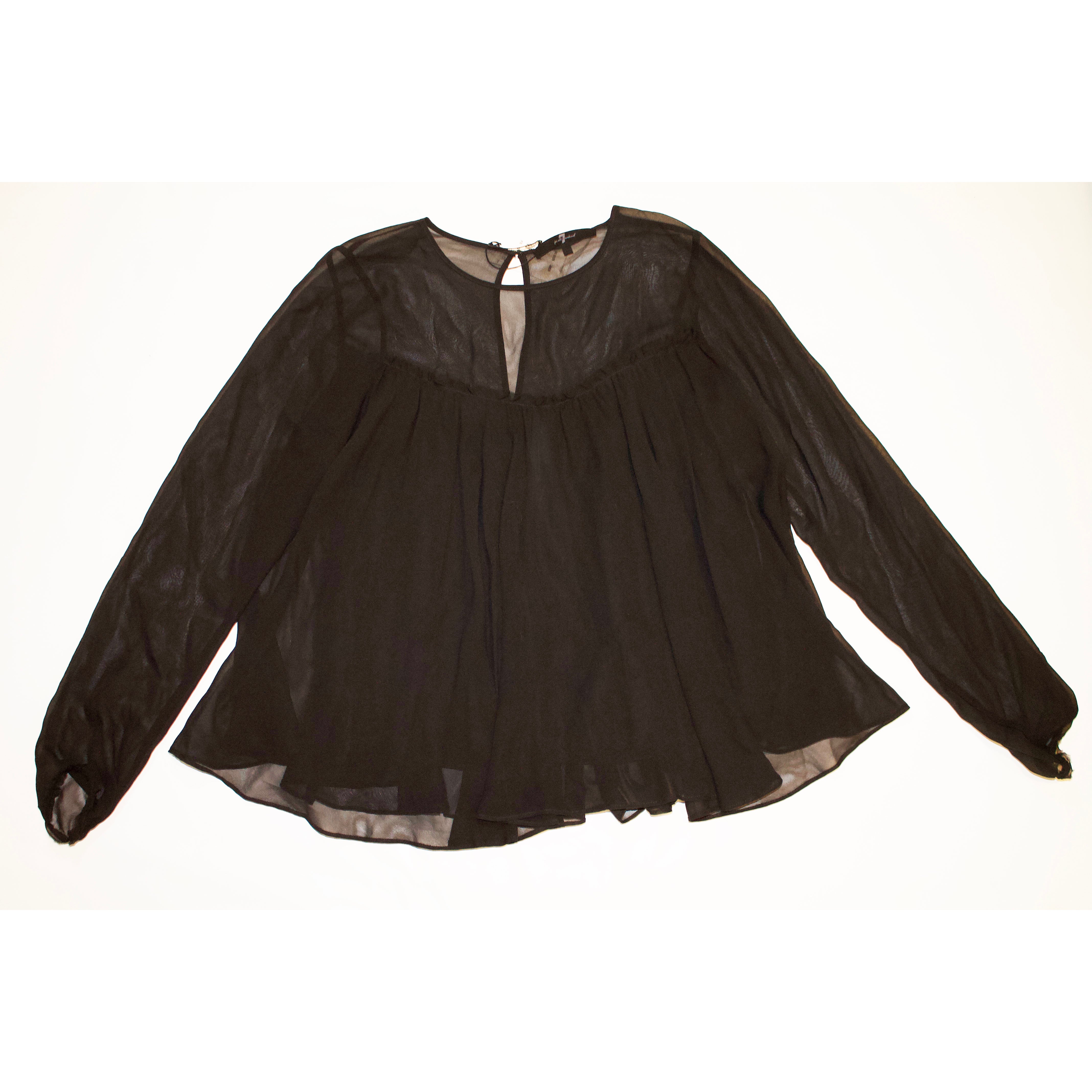 NEW 7 For All Mankind 100% Silk Chiffon Black Cheer Long Sleeve Blouse Shirt Top