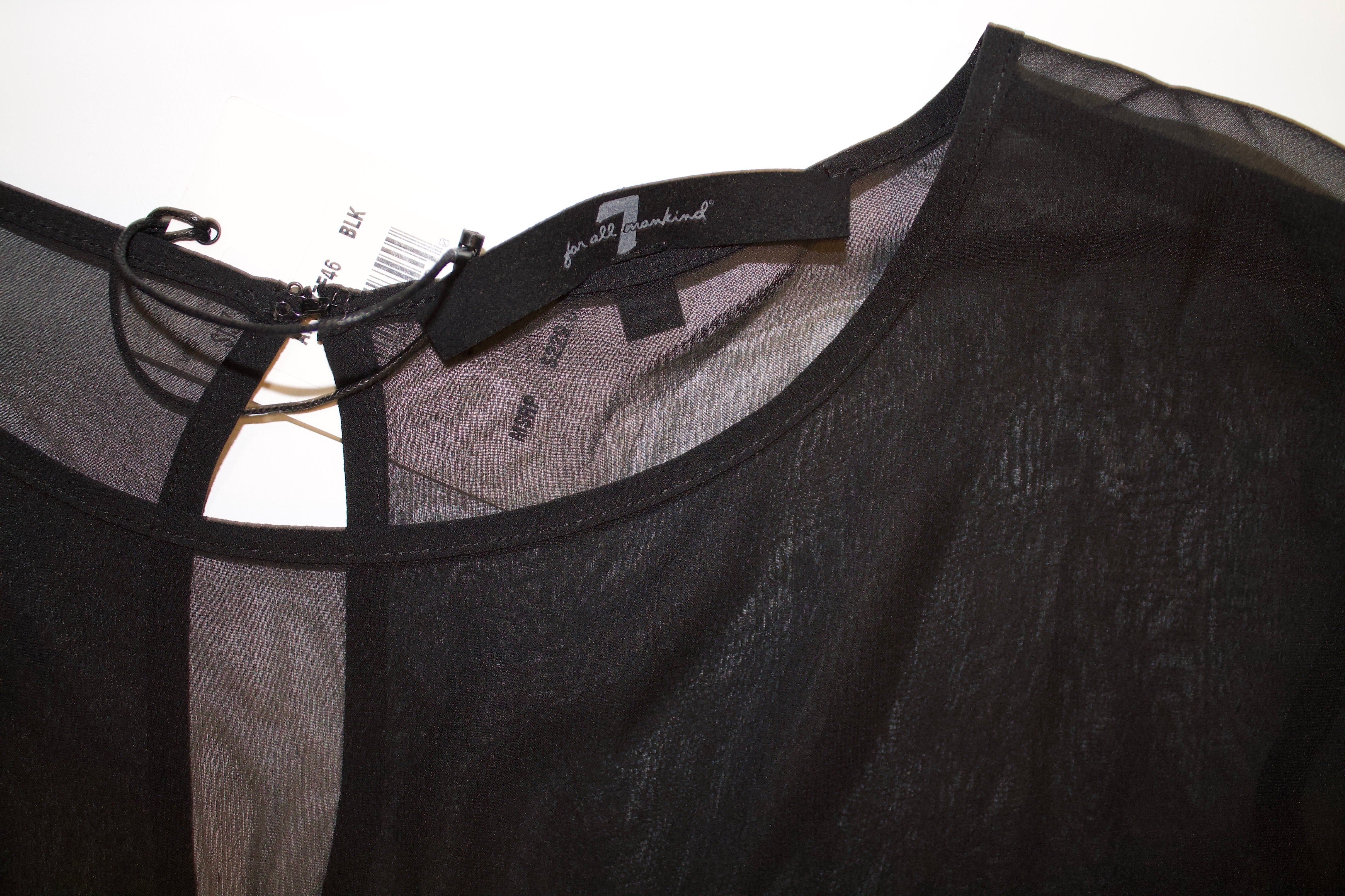 NEW 7 For All Mankind 100% Silk Chiffon Black Cheer Long Sleeve Blouse Shirt Top