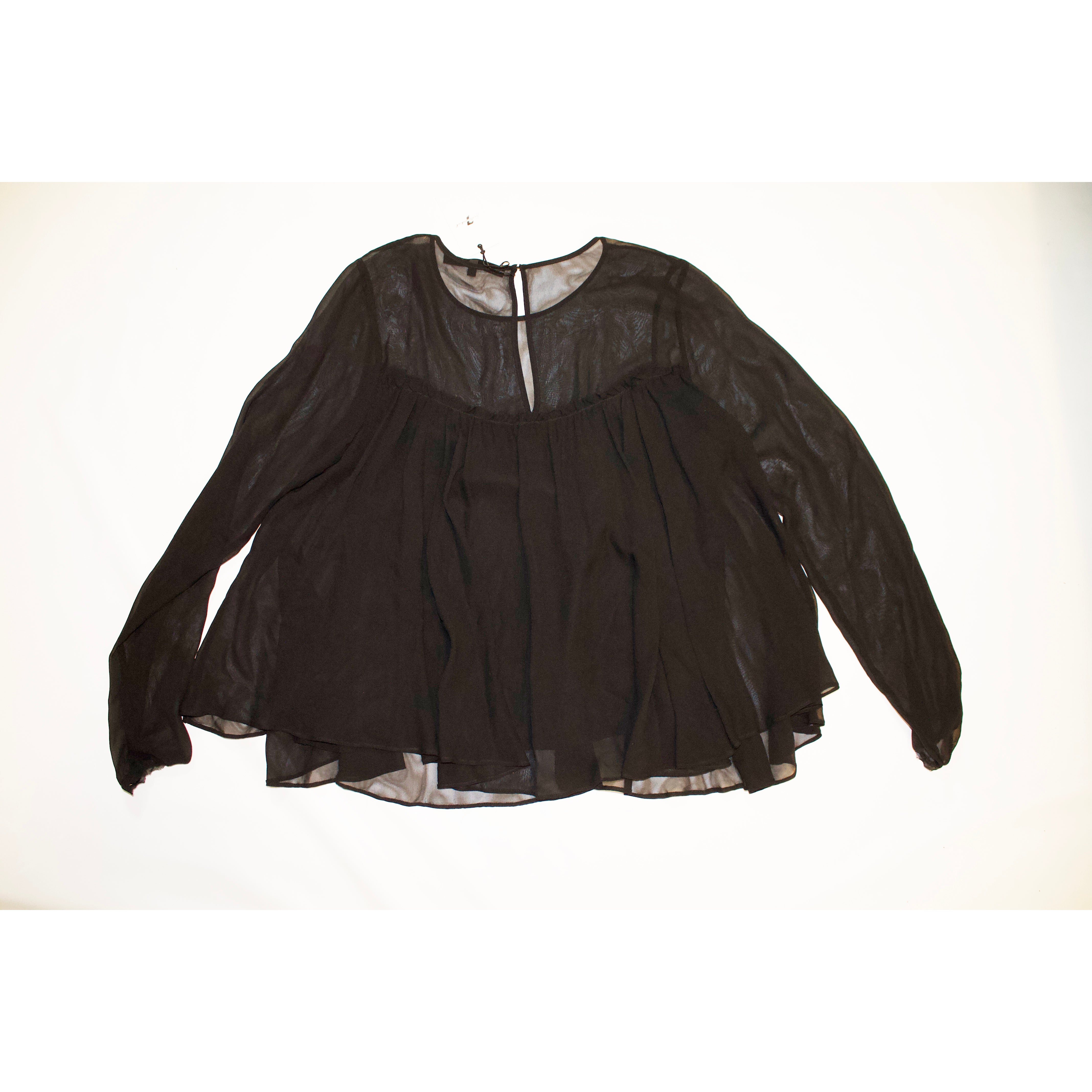 NEW 7 For All Mankind 100% Silk Chiffon Black Cheer Long Sleeve Blouse Shirt Top