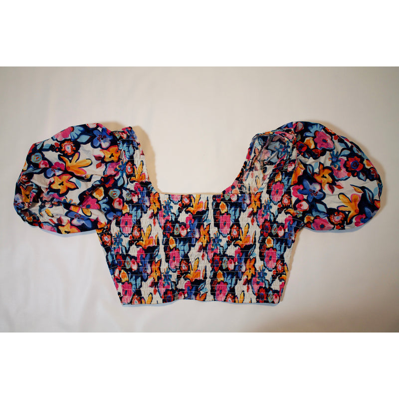 Aura My Hope Haven Navy Floral Print Puff Sleeve Cotton Crop Top Shirt Blouse