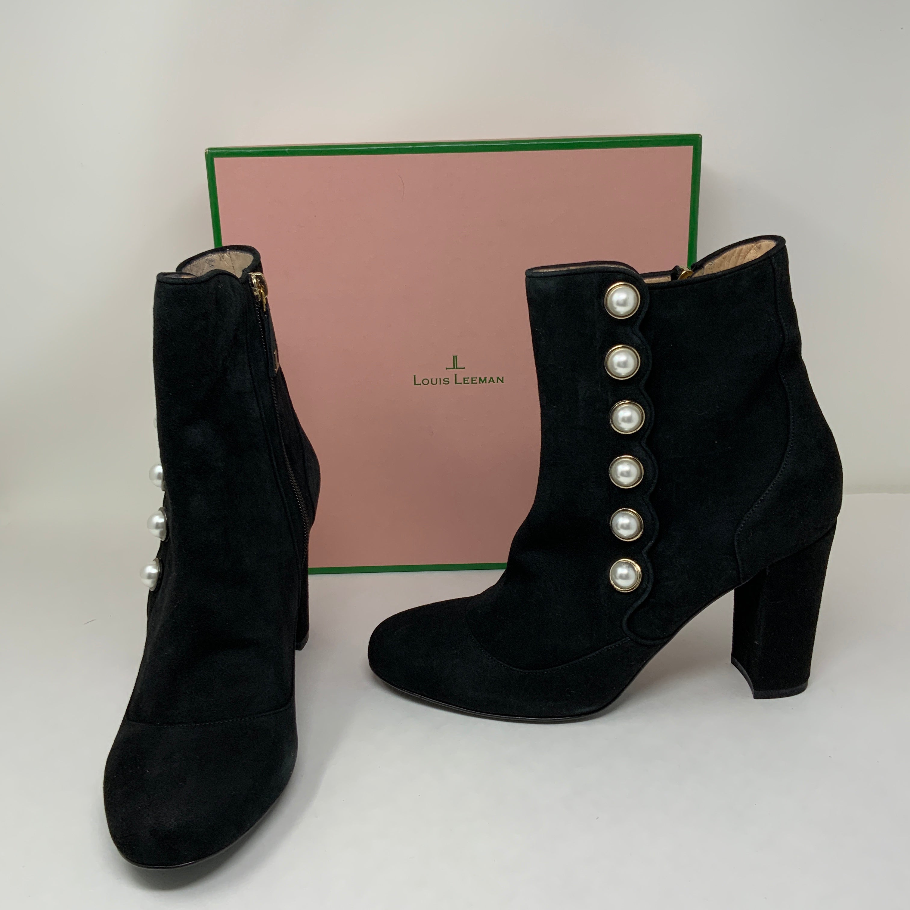 Louis Leeman Suede Leather Stacked High Heel Ankle Booties Shoes Pearl Detail