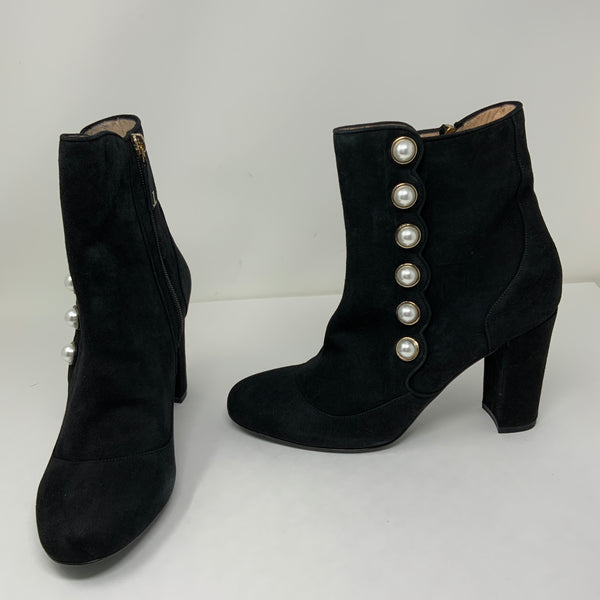 Louis Leeman Suede Leather Stacked High Heel Ankle Booties Shoes Pearl Detail