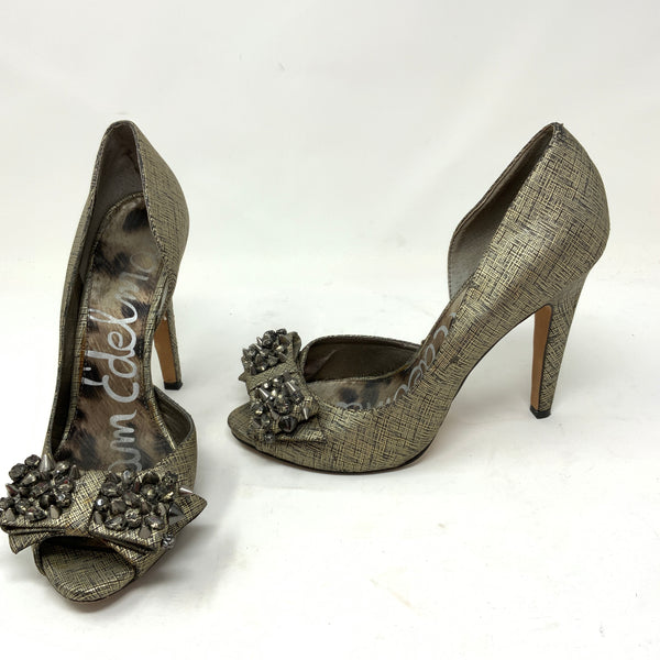 Sam Edelman Lorna Textured Leather Studded Bow Peep Toe Platform High Heels Shoe