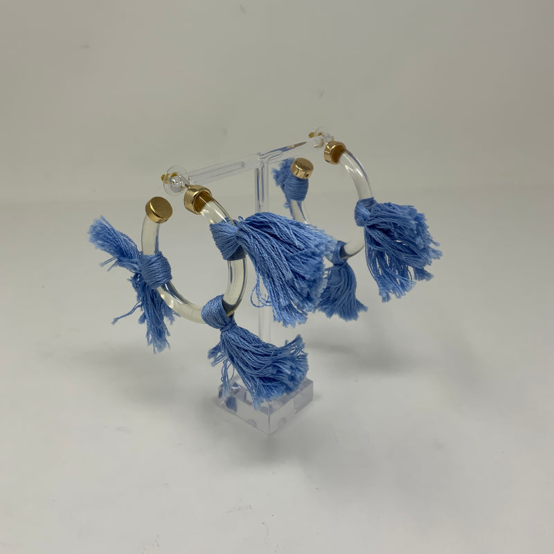 The Tiny Tassel Lucite Hoop Blue Fringe Statement Earrings