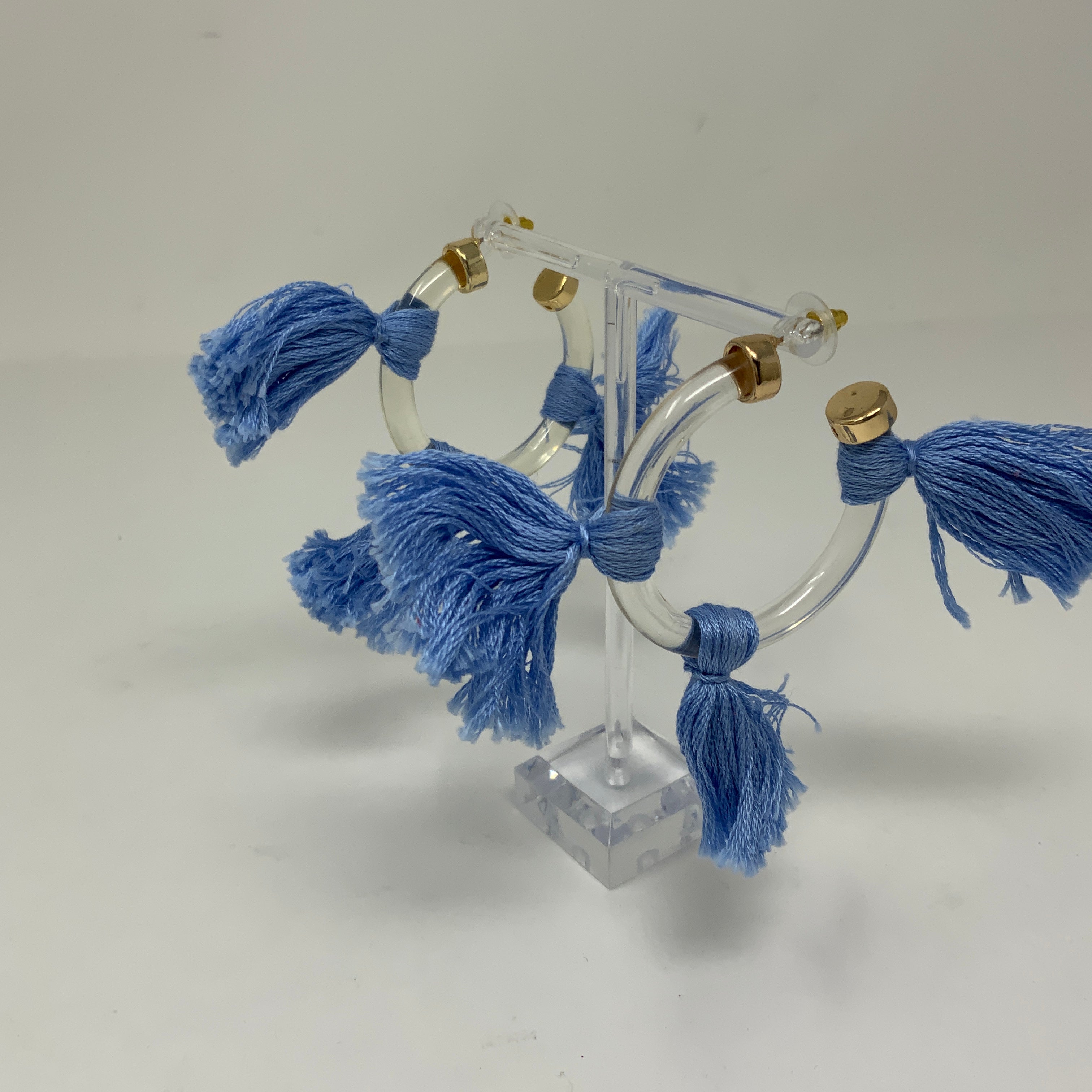 The Tiny Tassel Lucite Hoop Blue Fringe Statement Earrings