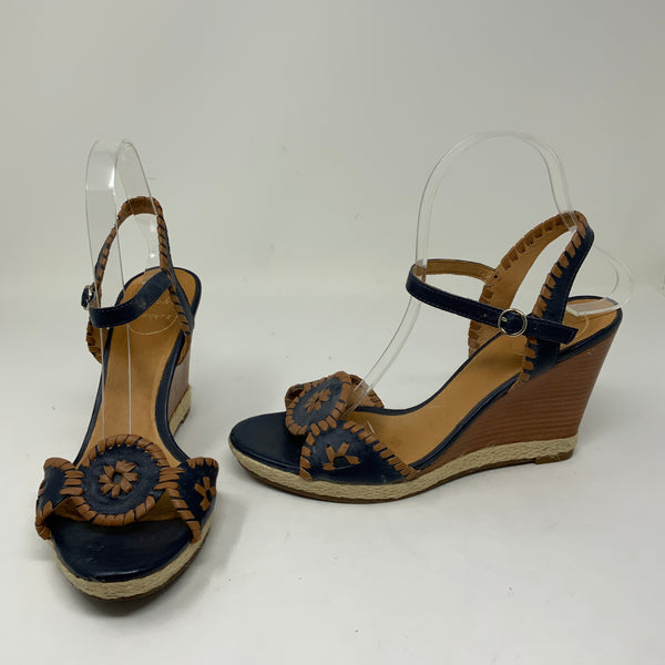 Jack Rogers Clare Embroidered Leather Open Toe Wooden Wedge High Heel Shoes Blue