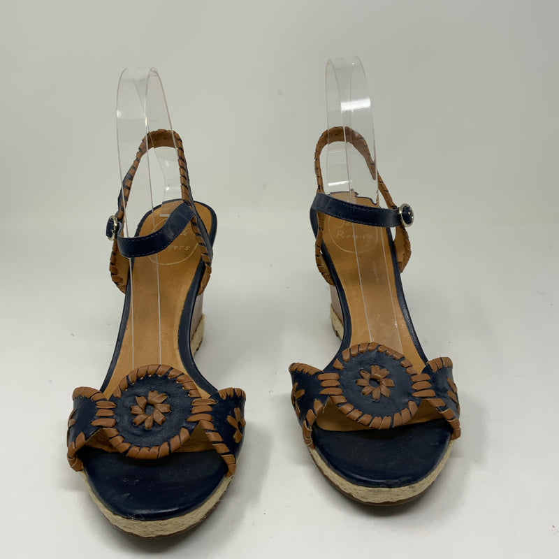 Jack Rogers Clare Embroidered Leather Open Toe Wooden Wedge High Heel Shoes Blue