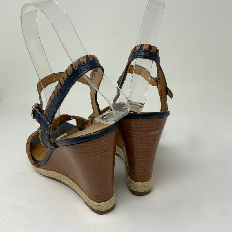Jack Rogers Clare Embroidered Leather Open Toe Wooden Wedge High Heel Shoes Blue