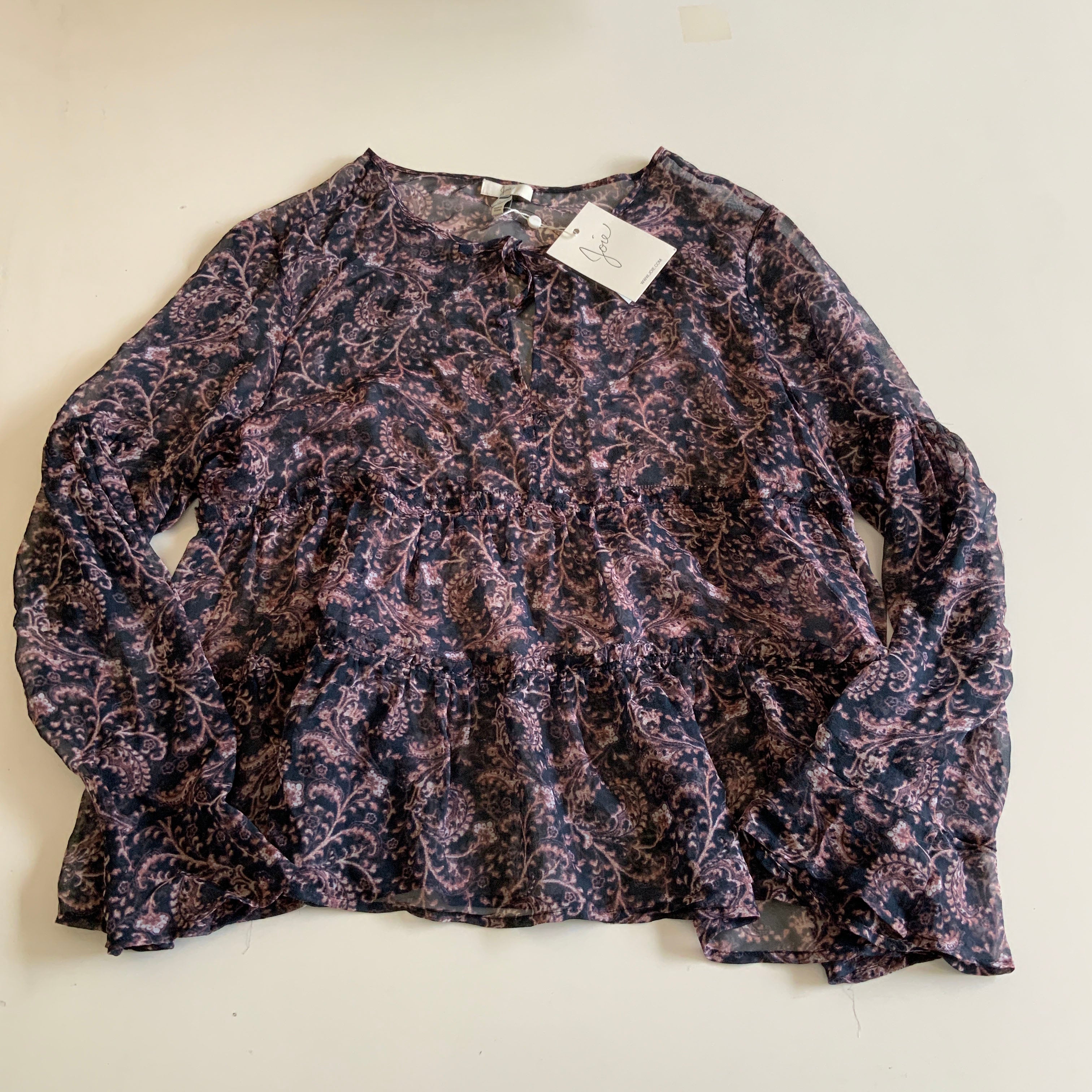 NEW Joie Shawnita Bella Rose Paisley Silk Chiffon Semi Sheer Ruffle Blouse Shirt