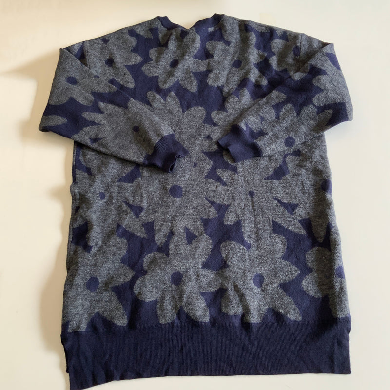 NEW DKNY Blue Gray Wool Linen Stretch Knit Flower Print Pullover Sweater Dress