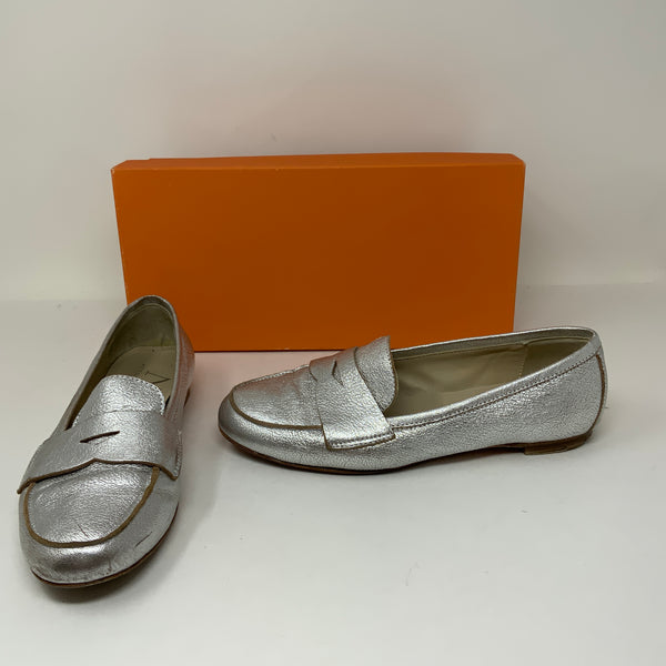 AGL Penny Loafer Flat Slip On Silver Metallic Leather Shoes 5.5