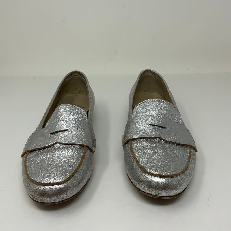 AGL Penny Loafer Flat Slip On Silver Metallic Leather Shoes 5.5