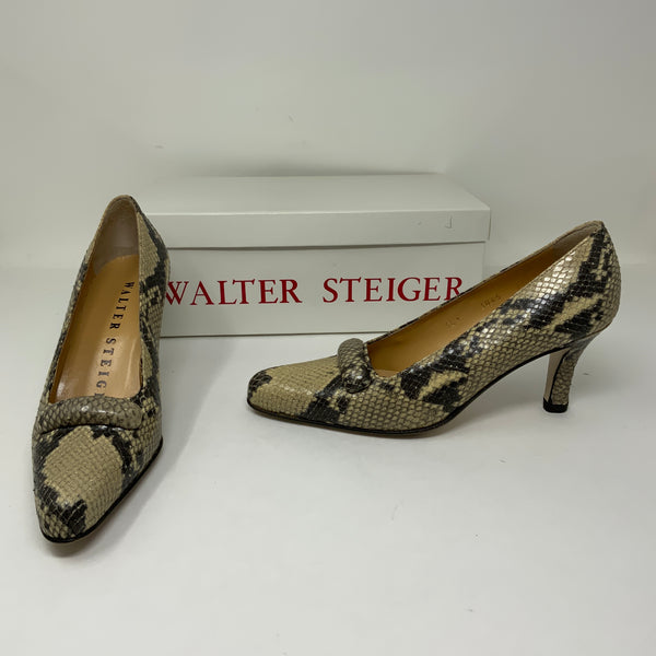 Walter Steiger Snake Python Leather Almond Toe Slip On Pumps High Heels Shoes 5