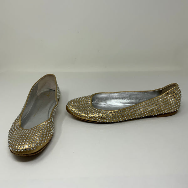 Giuseppe Zanotti Gold Leather Crystal Jewel Diamond Embellished Ballet Flat Shoe