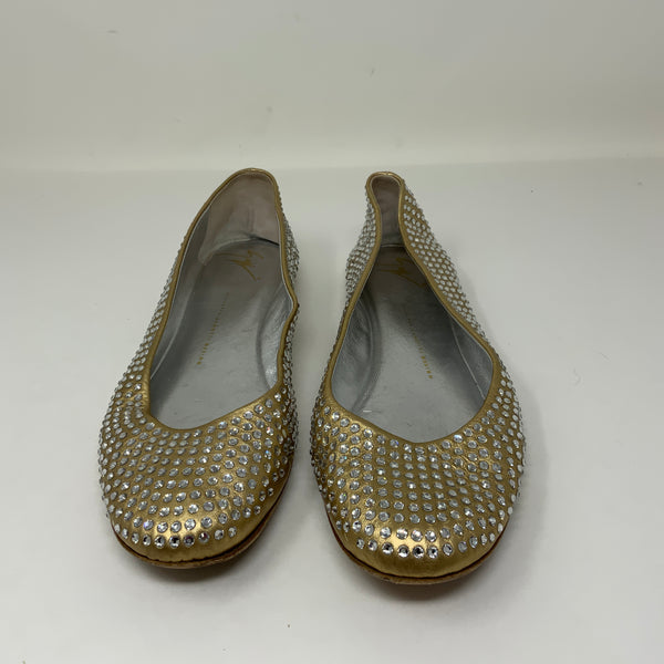 Giuseppe Zanotti Gold Leather Crystal Jewel Diamond Embellished Ballet Flat Shoe