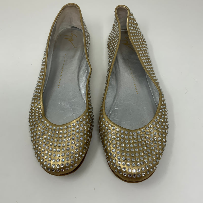 Giuseppe Zanotti Gold Leather Crystal Jewel Diamond Embellished Ballet Flat Shoe