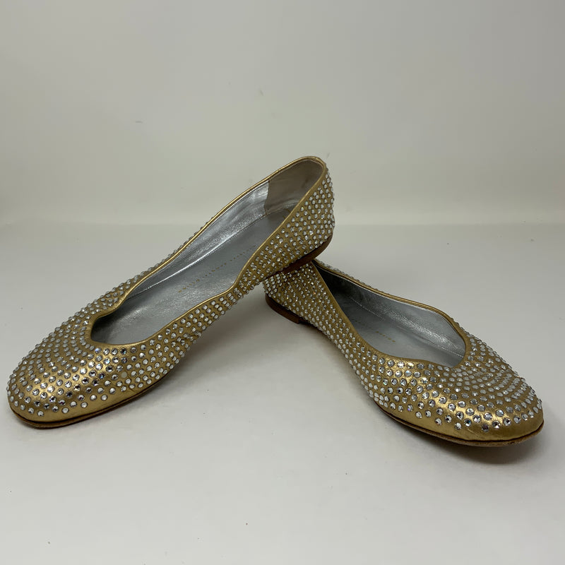 Giuseppe Zanotti Gold Leather Crystal Jewel Diamond Embellished Ballet Flat Shoe