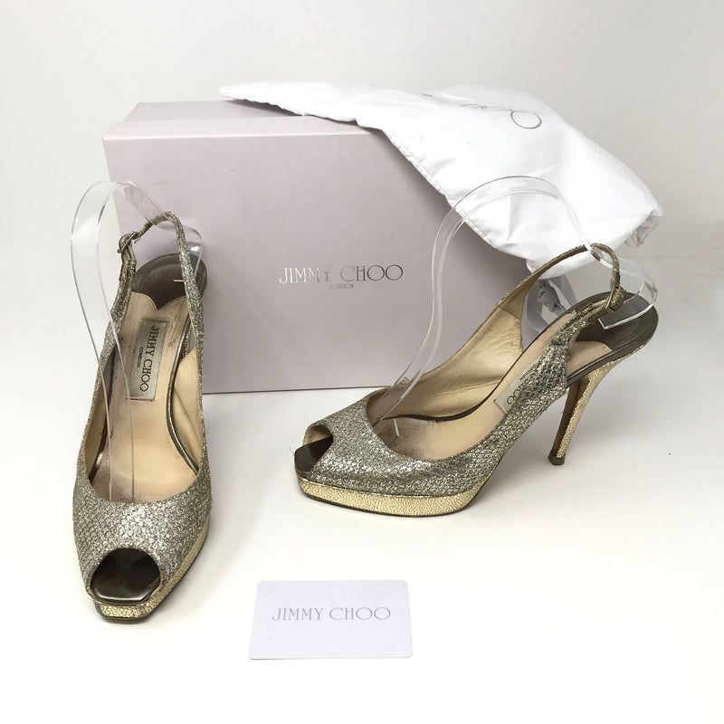 Jimmy Choo Clue Gold Glitter Sparkle Peep Toe Sling Back High Heels Pumps Shoes