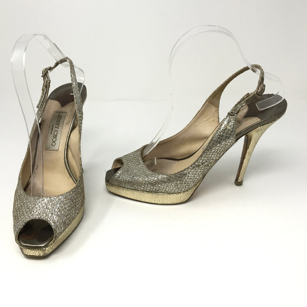 Jimmy Choo Clue Gold Glitter Sparkle Peep Toe Sling Back High Heels Pumps Shoes