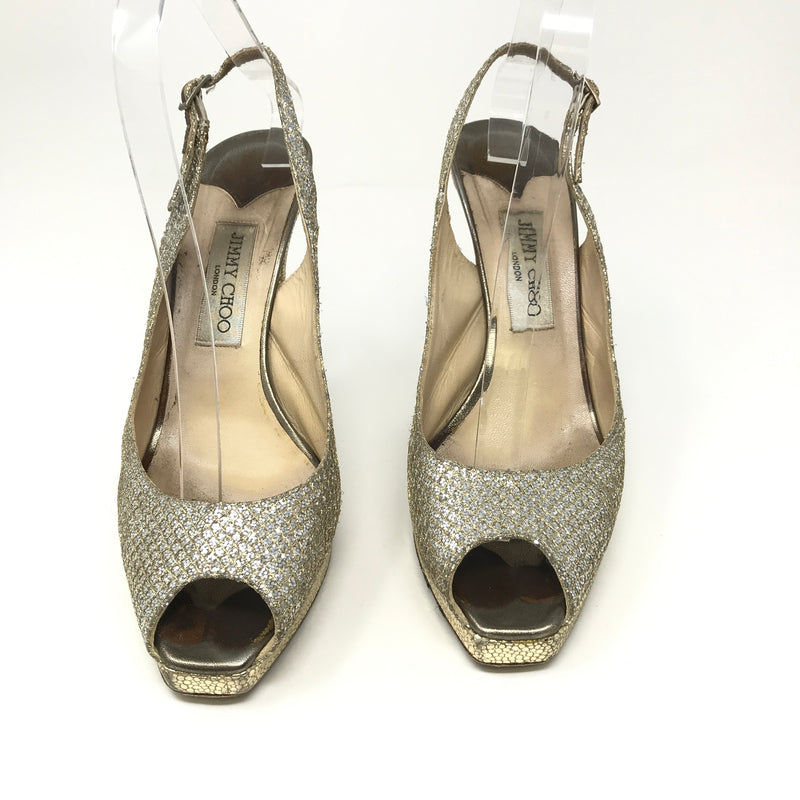 Jimmy Choo Clue Gold Glitter Sparkle Peep Toe Sling Back High Heels Pumps Shoes