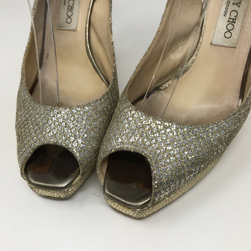 Jimmy Choo Clue Gold Glitter Sparkle Peep Toe Sling Back High Heels Pumps Shoes