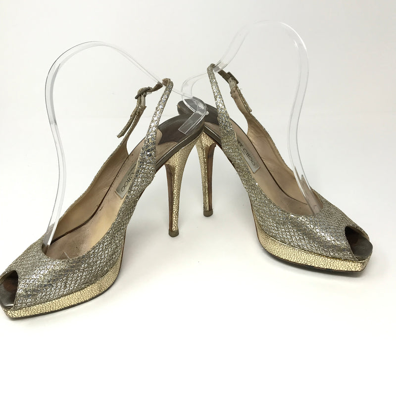 Jimmy Choo Clue Gold Glitter Sparkle Peep Toe Sling Back High Heels Pumps Shoes