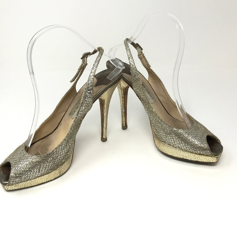 Jimmy Choo Clue Gold Glitter Sparkle Peep Toe Sling Back High Heels Pumps  Shoes Size 9.5 - $100 - From Galore