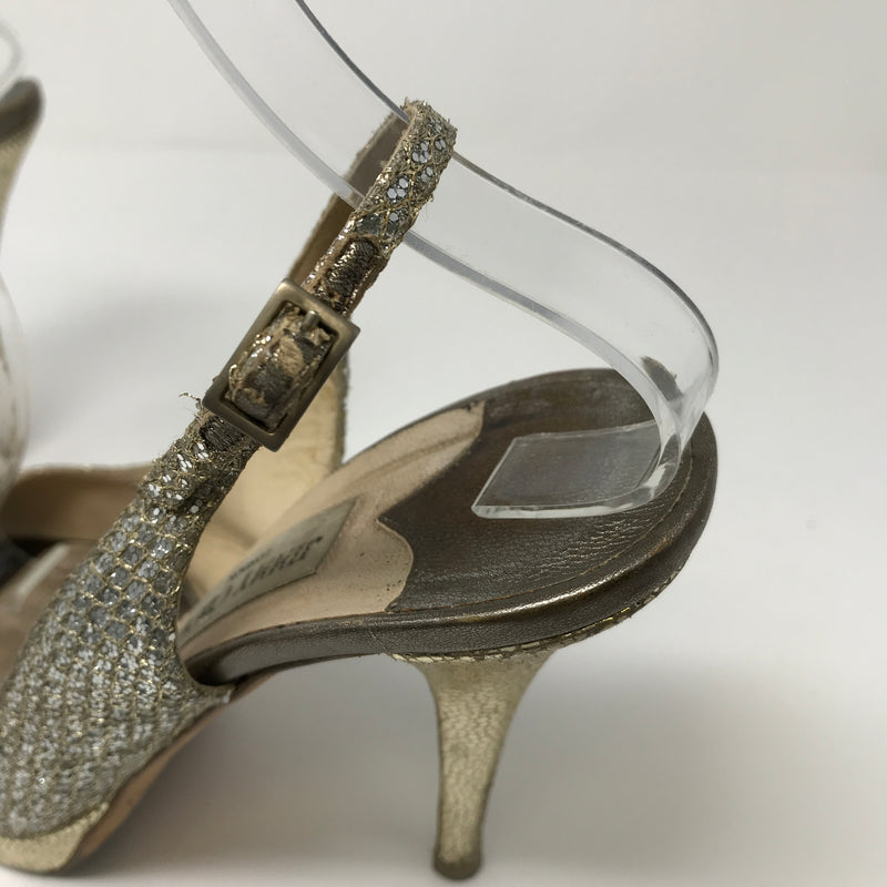 Jimmy Choo Clue Gold Glitter Sparkle Peep Toe Sling Back High Heels Pumps Shoes