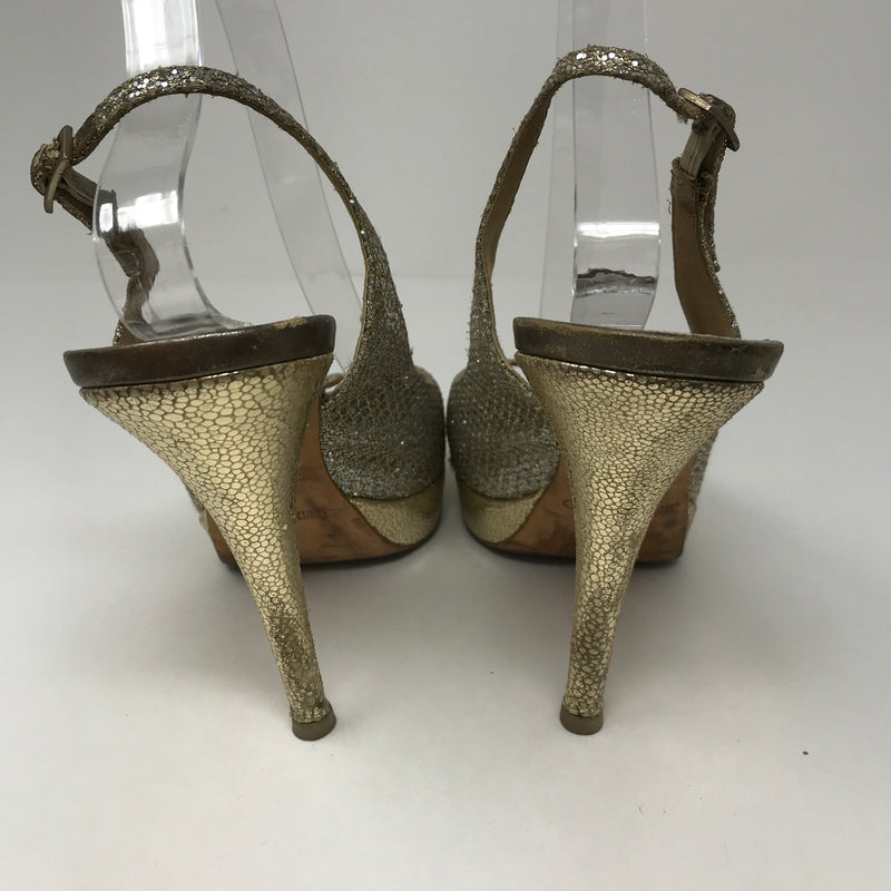 Jimmy Choo Clue Gold Glitter Sparkle Peep Toe Sling Back High Heels Pumps Shoes