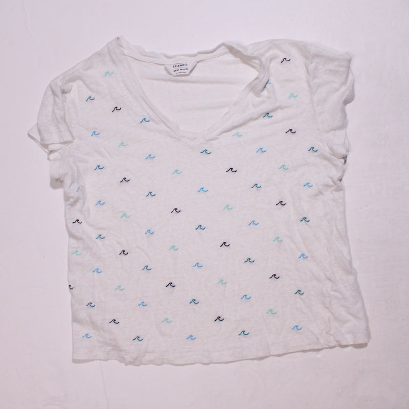 Splendid x Gray Marlin Summertime Linen Beach Wave Embroidered Tee Shirt Blouse