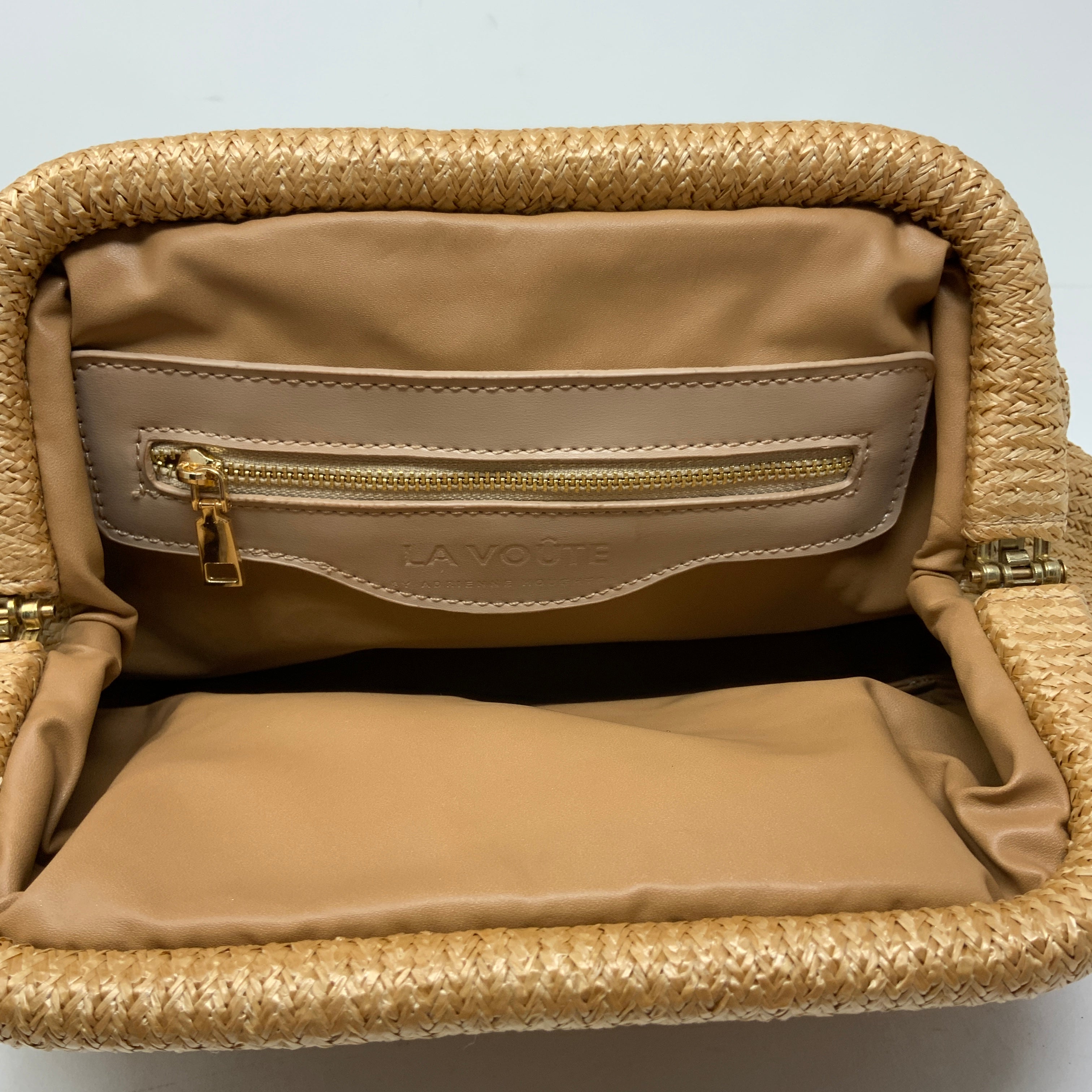 La Voute La Pouchette Woven Open Top Clutch Purse Bag Brown Tan