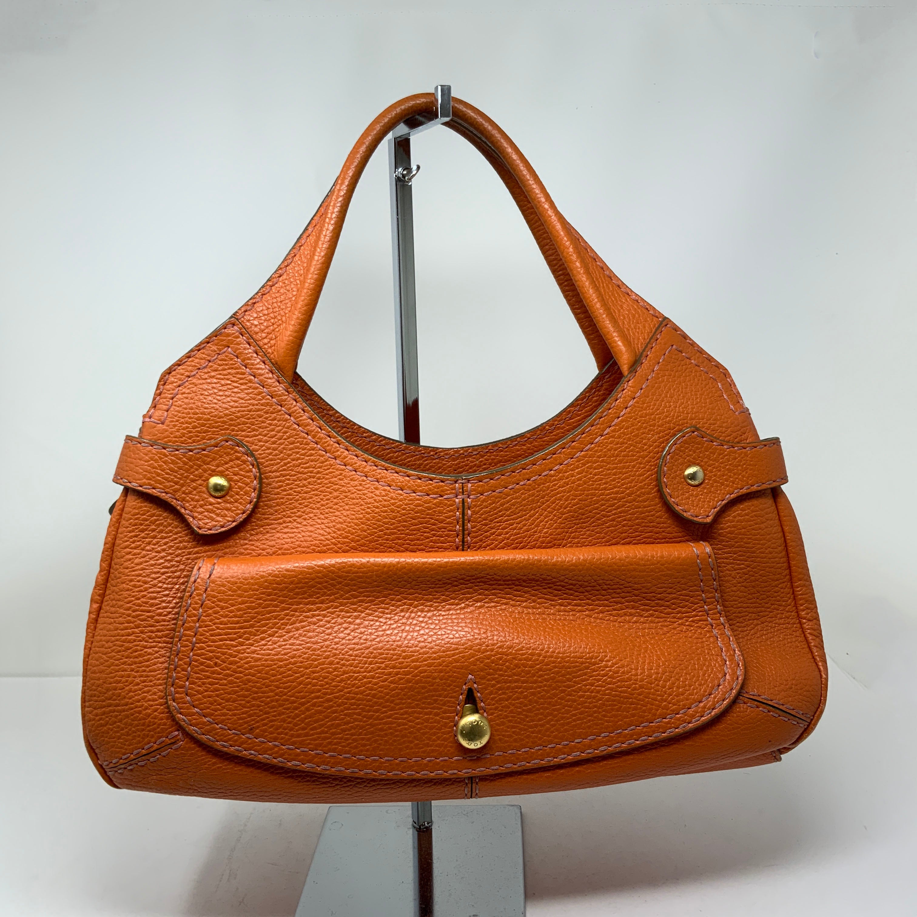 Tod's Solid Orange Pebbled Leather Gold Hardware Shoulder Purse Tote Bag