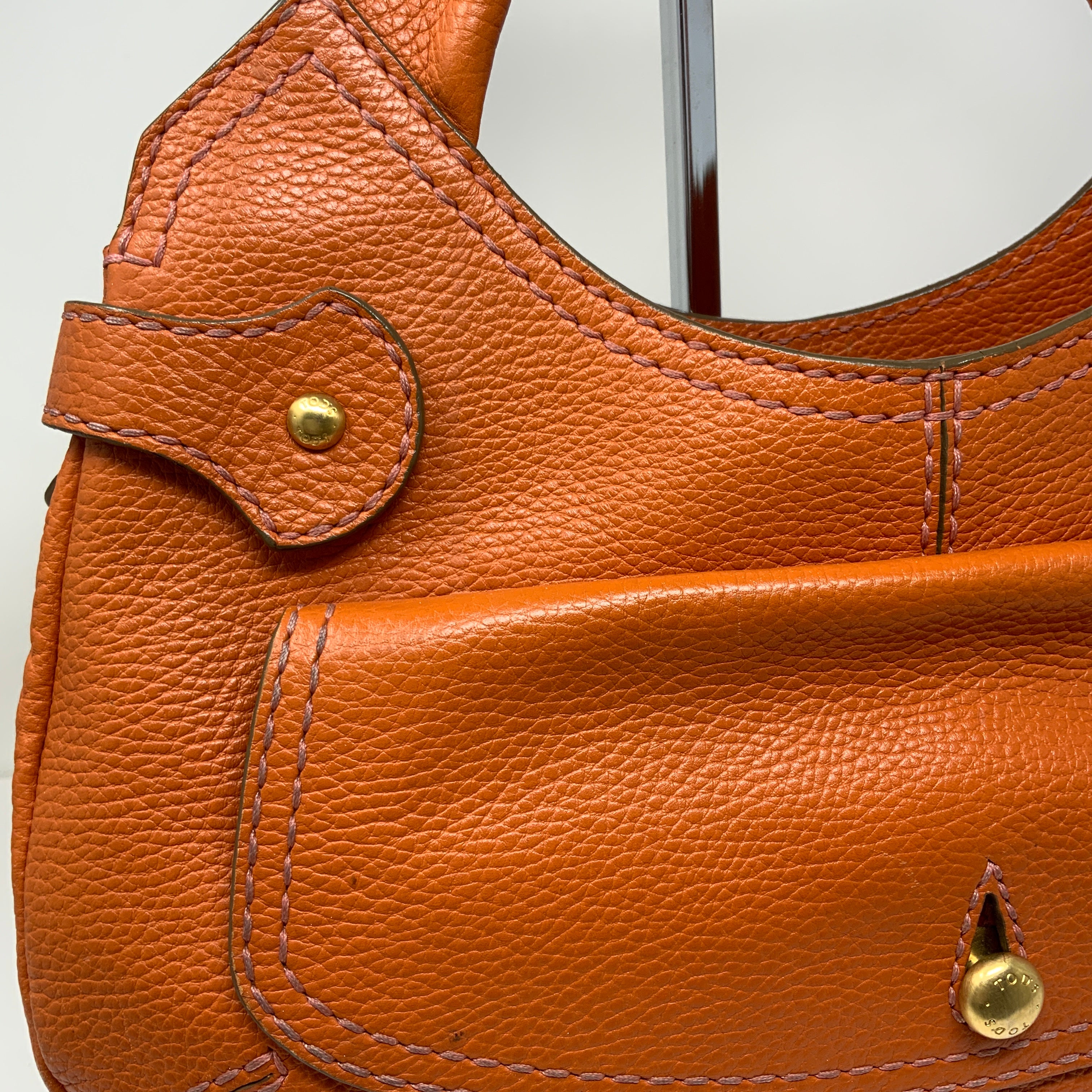 Tod's Solid Orange Pebbled Leather Gold Hardware Shoulder Purse Tote Bag