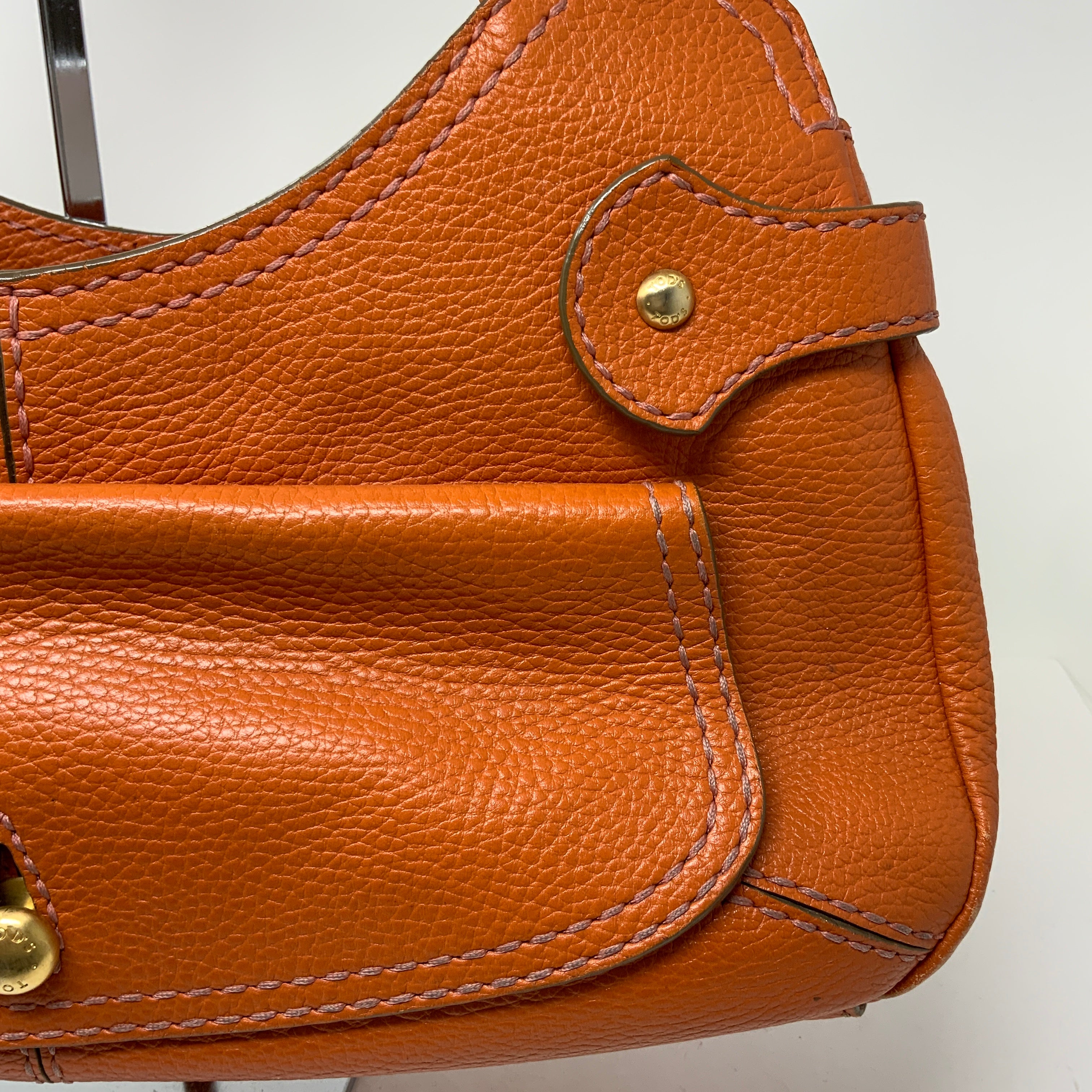 Tod's Solid Orange Pebbled Leather Gold Hardware Shoulder Purse Tote Bag