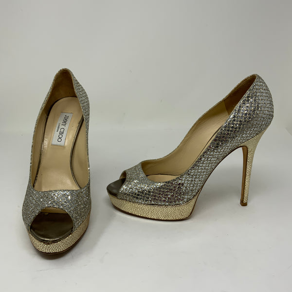 Jimmy Choo Crown Gold Glitter Sparkle Peep Toe Platform Stiletto High Heels Shoe