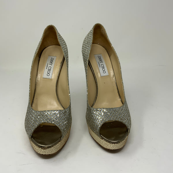 Jimmy Choo Crown Gold Glitter Sparkle Peep Toe Platform Stiletto High Heels Shoe