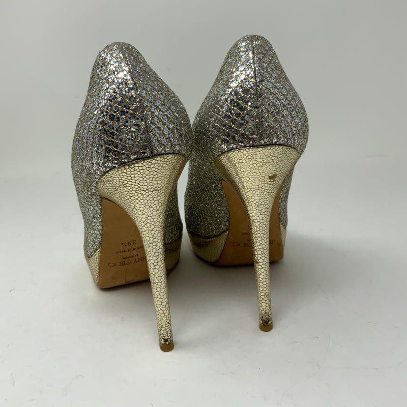 Jimmy Choo Crown Gold Glitter Sparkle Peep Toe Platform Stiletto High Heels Shoe