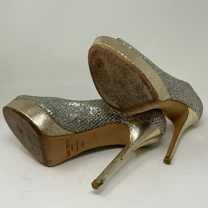 Jimmy Choo Crown Gold Glitter Sparkle Peep Toe Platform Stiletto High Heels Shoe