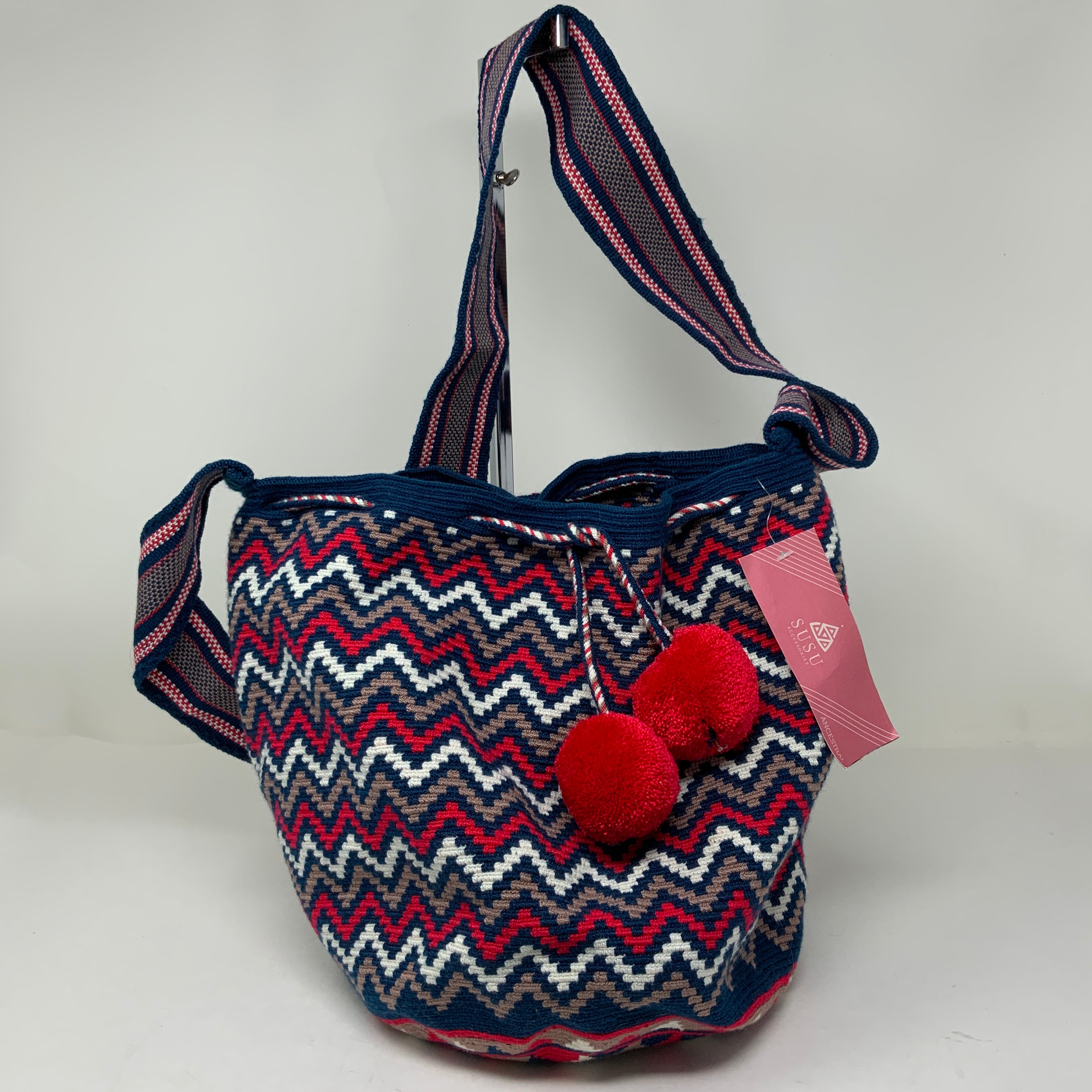 NEW Susu Woven Braided Fabric Multicolor Pom Pom Tassel Crossbody Purse Bag Tote