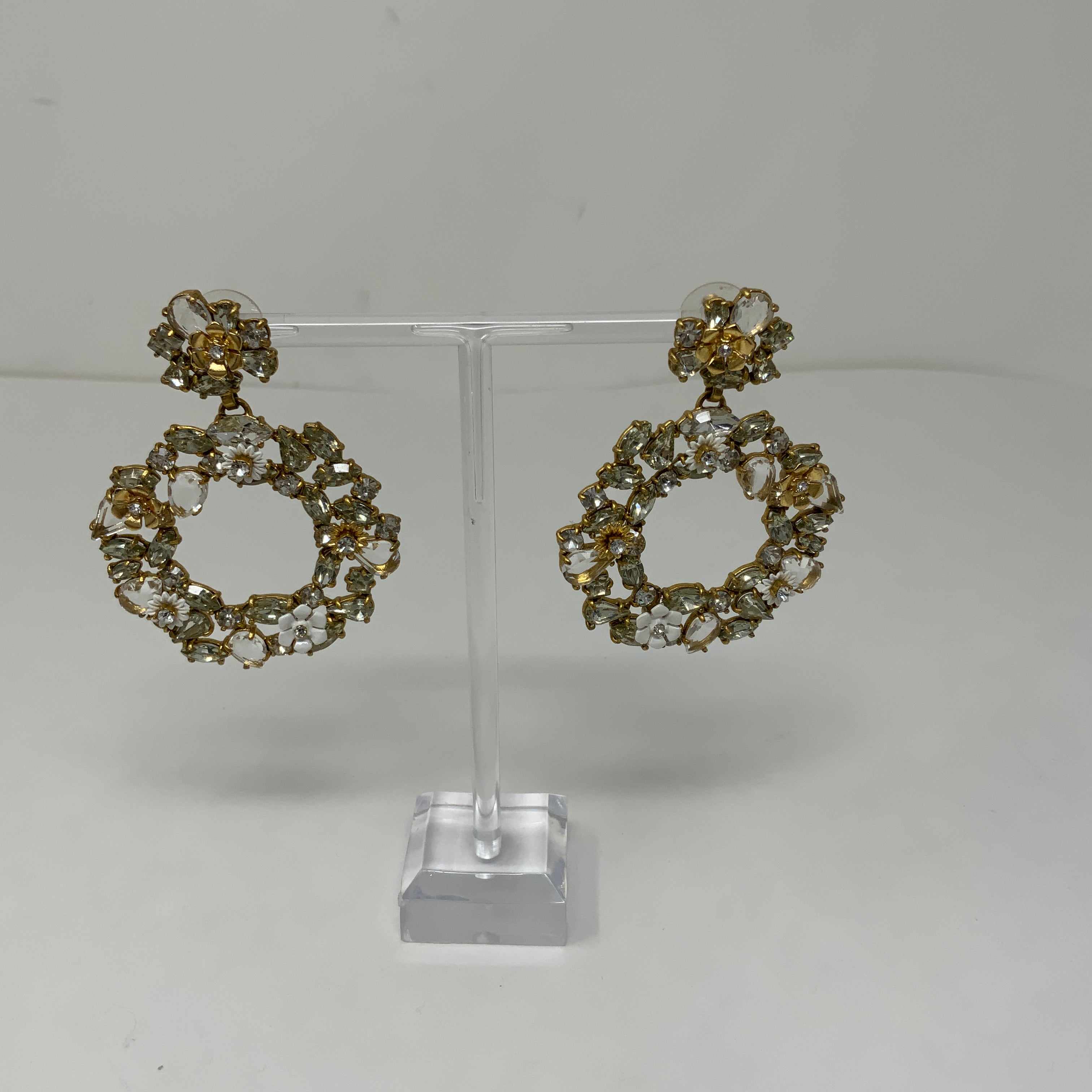 J. Crew Crystal Jewel Diamond Floral Wreath Hoop Drop Statement Earrings