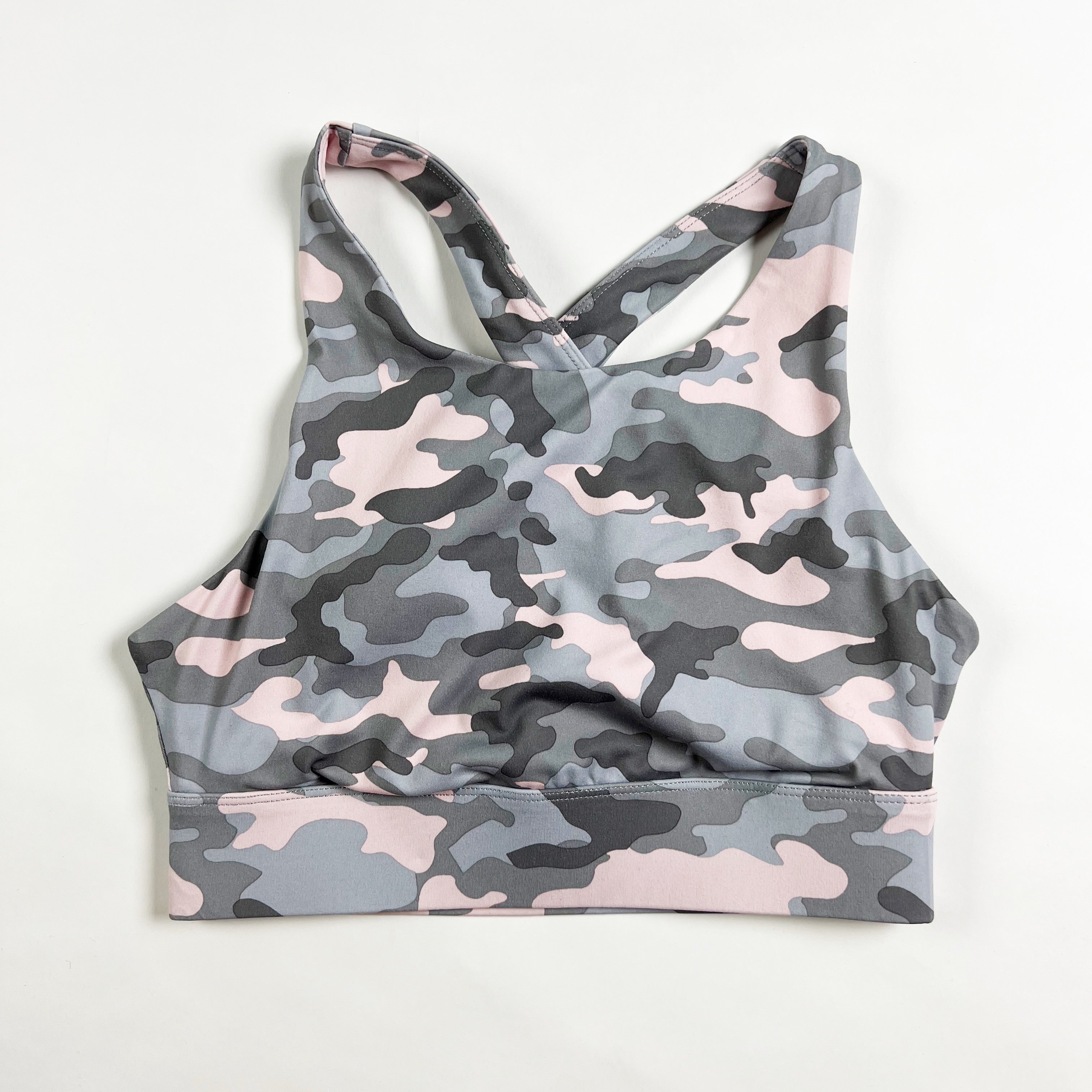 Fabletics Ella No Bounce Crossback Athletic Work Out Sports Bra Haze Grey Camo