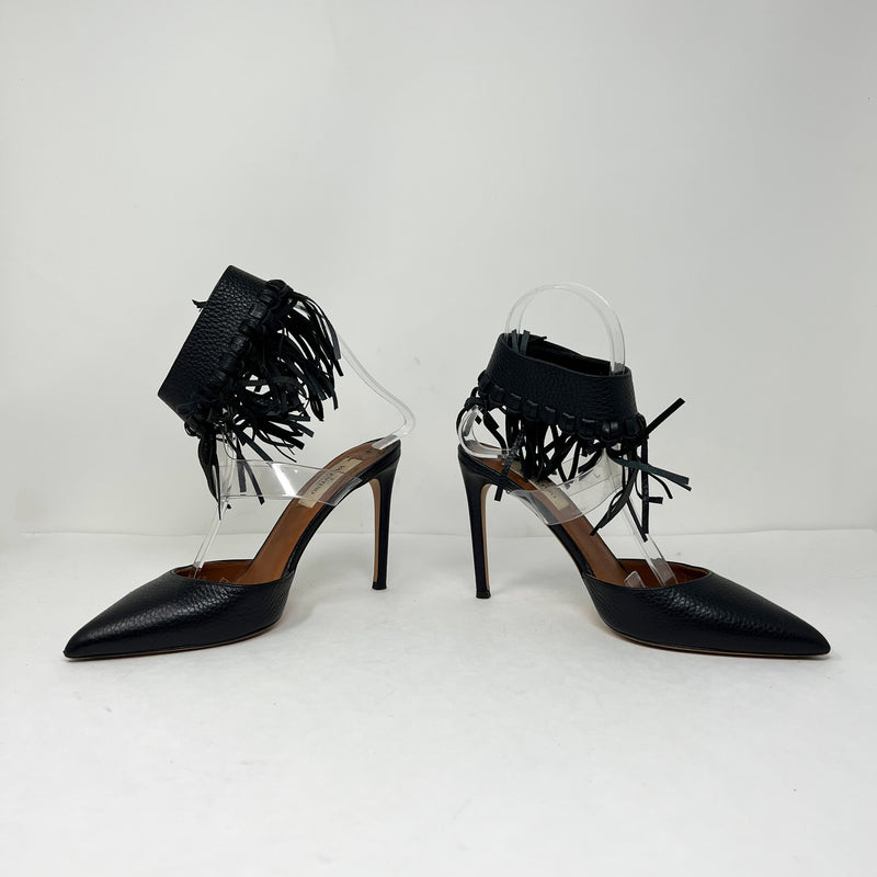 Valentino Rockee Genuine Black Leather Ankle Strap Fringe High Heels Sandal Shoe