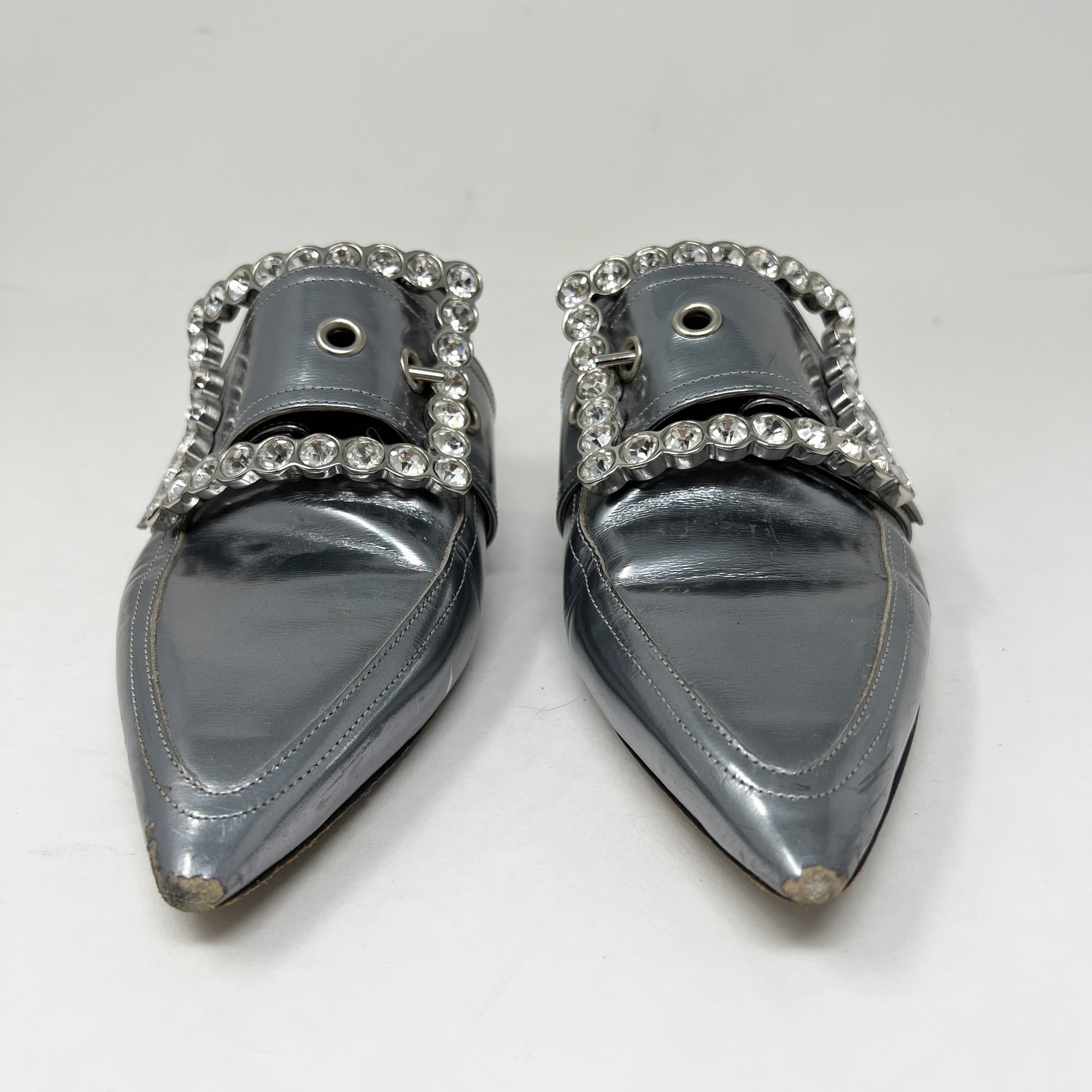 Maison Margiela Silver Metallic Leather Crystal Oversize Buckle Slip On Mules 6