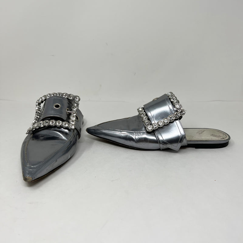 Maison Margiela Silver Metallic Leather Crystal Oversize Buckle Slip On Mules 6