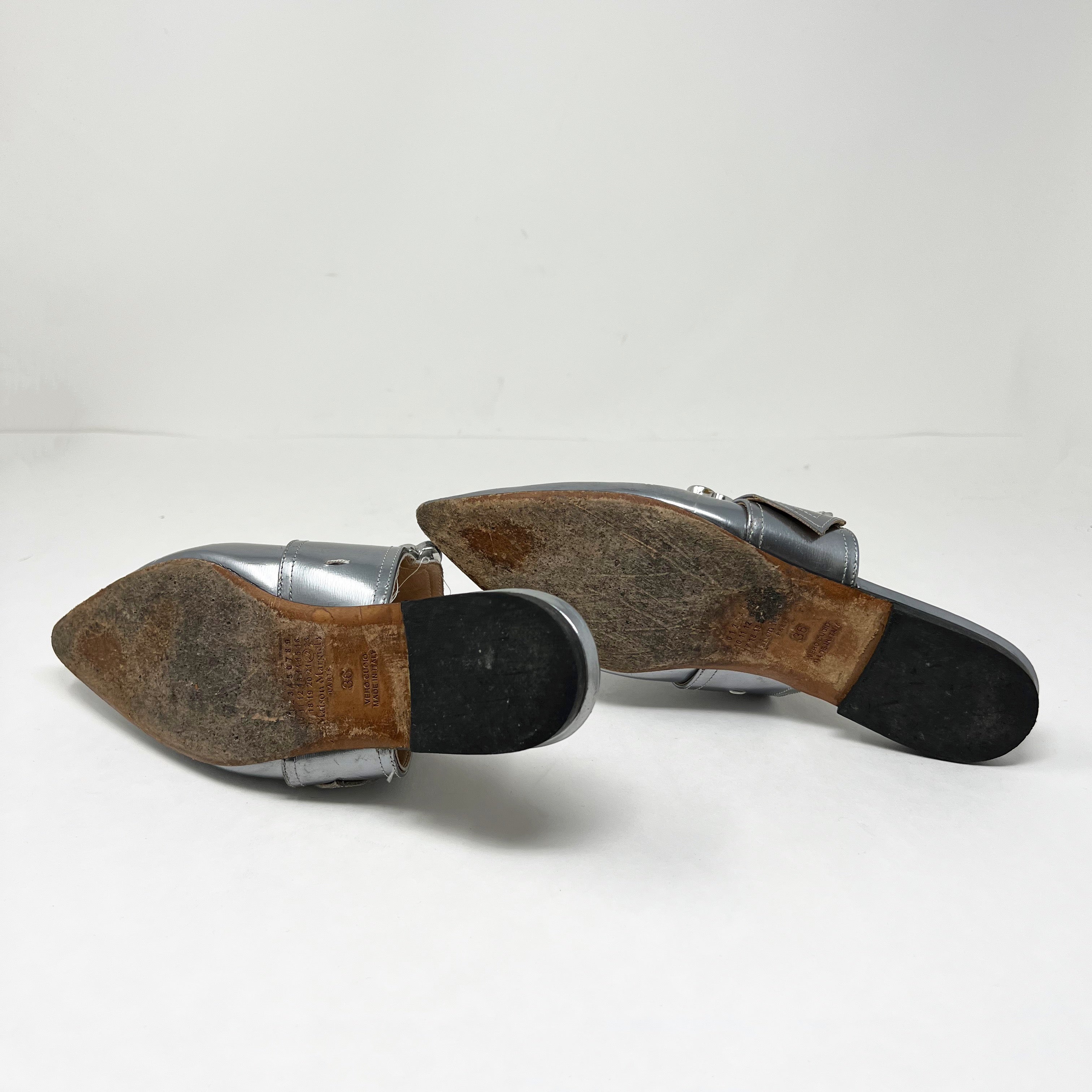 Maison Margiela Silver Metallic Leather Crystal Oversize Buckle Slip On Mules 6